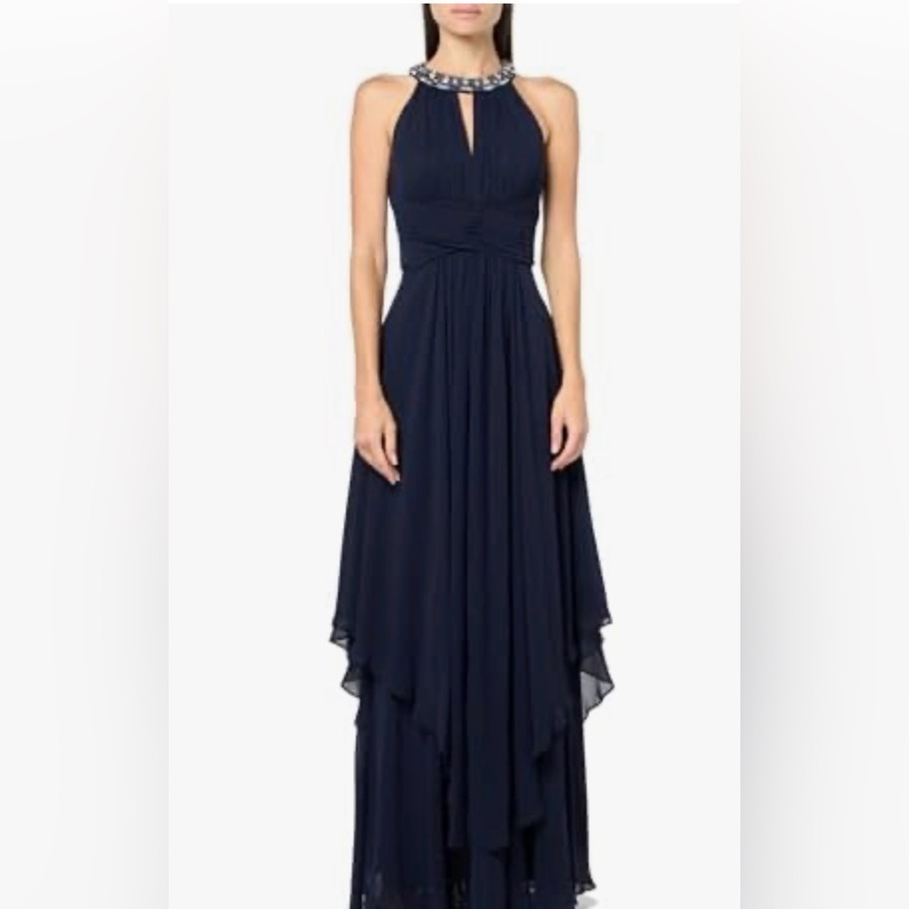 Eliza J New York Navy Women's Formal Sleeveless Halter Neck Chiffon Gown Size 4p